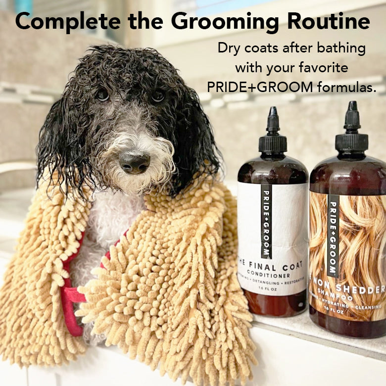 Beige microfiber dog and cat drying towel by Pride + Groom, soft and absorbent for quick pet grooming and drying.