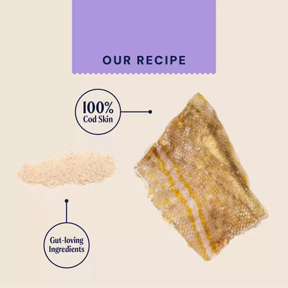 Pooch & Mutt dog treats with fish hide, promoting health and digestion, shown in a 90g package.