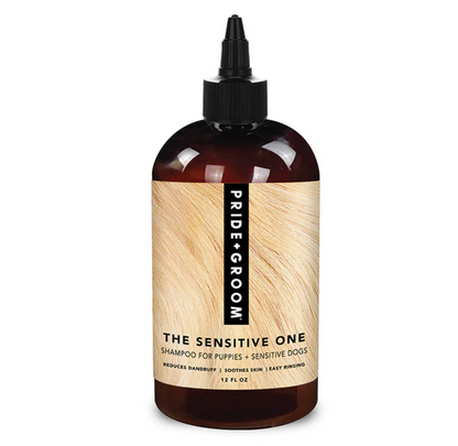 Pride + Groom THE SENSITIVE ONE hypoallergenic dog shampoo bottle with label, designed for sensitive skin in dogs and puppies.