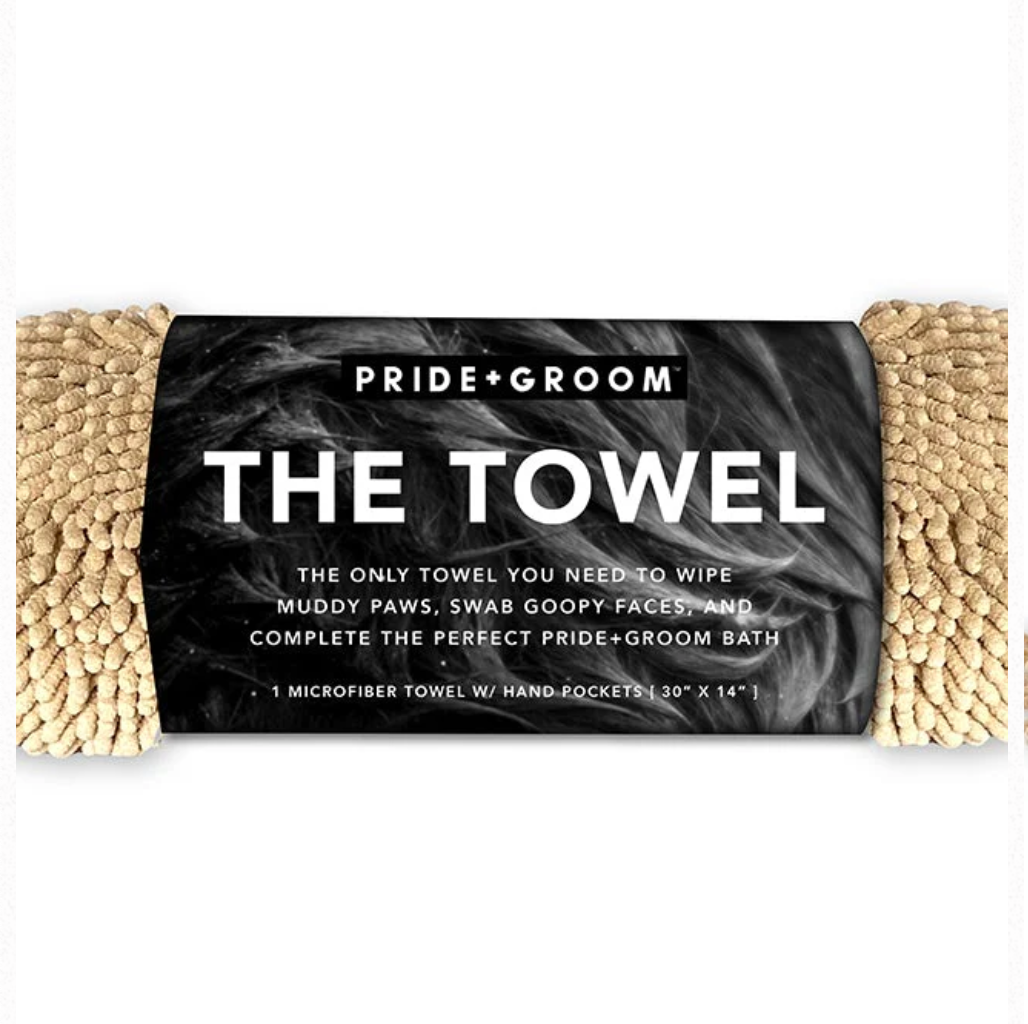 Microfiber dog and cat drying towel by Pride + Groom, designed for quick, gentle pet grooming and drying.