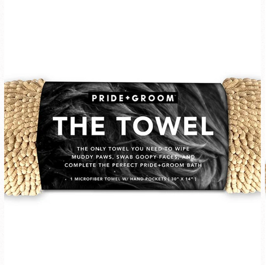 Microfiber dog and cat drying towel by Pride + Groom, designed for quick, gentle pet grooming and drying.