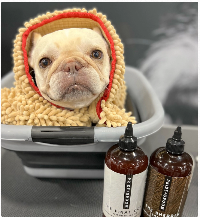 Pride + Groom microfiber dog and cat drying towel, soft, absorbent grooming towel for pets, shown in the image.