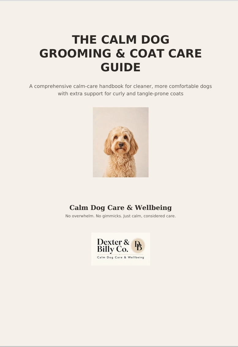 Screenshot of The Calm Dog Grooming & Coat Care Guide digital download by Dexter And Billy Co., showing grooming tips and coat care instructions.