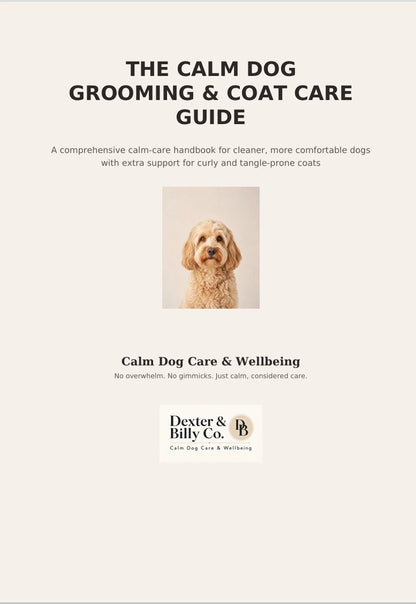 Screenshot of The Calm Dog Grooming & Coat Care Guide digital download by Dexter And Billy Co., showing grooming tips and coat care instructions.