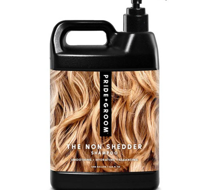 Pride + Groom The Non Shedder dog shampoo in a bottle, designed for poodles, doodles, and curly-coated dogs.