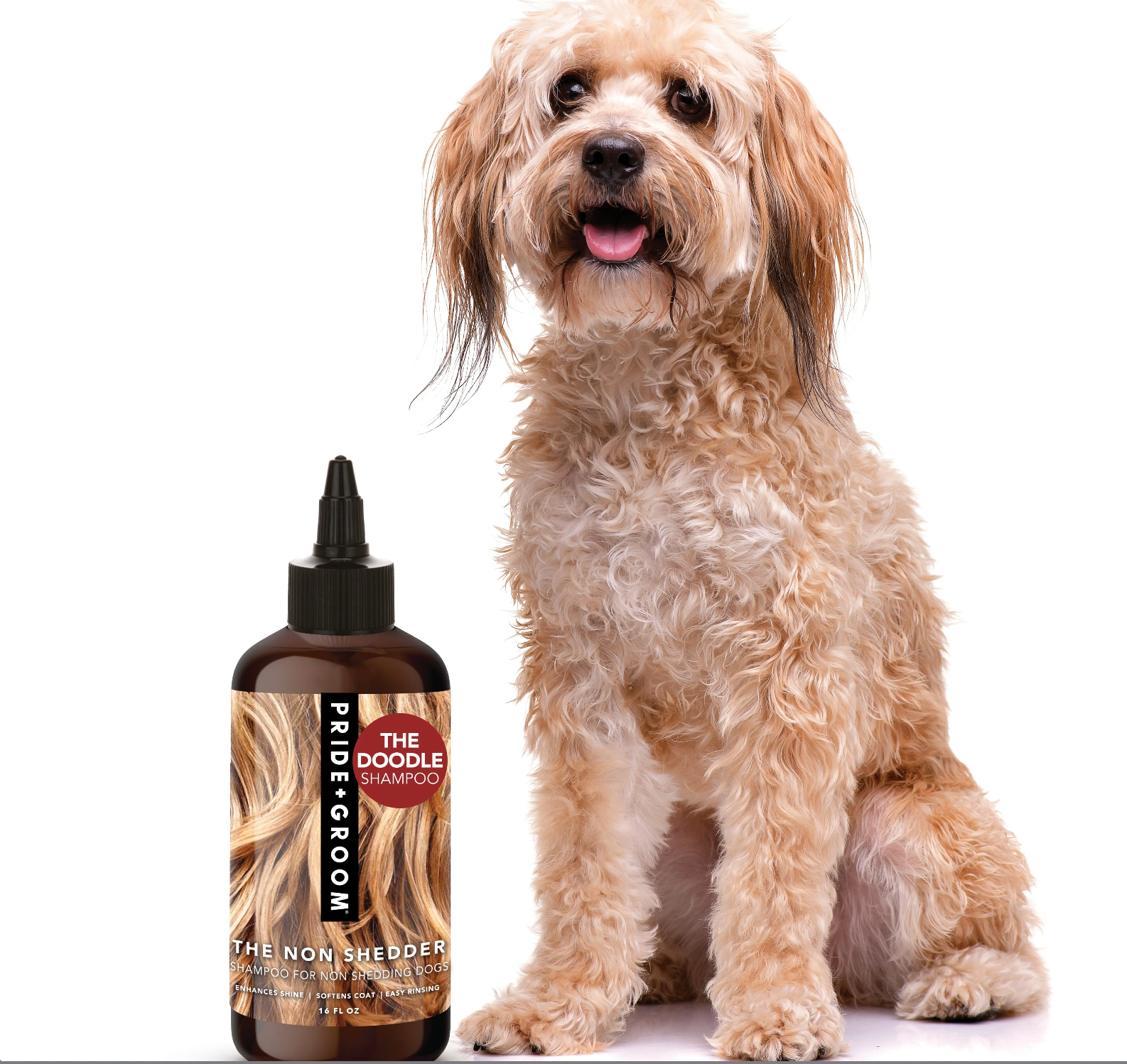 Pride + Groom THE NON SHEDDER dog shampoo for poodles, doodles, and curly-coated dogs, showing the bottle with label and curly dog coat.