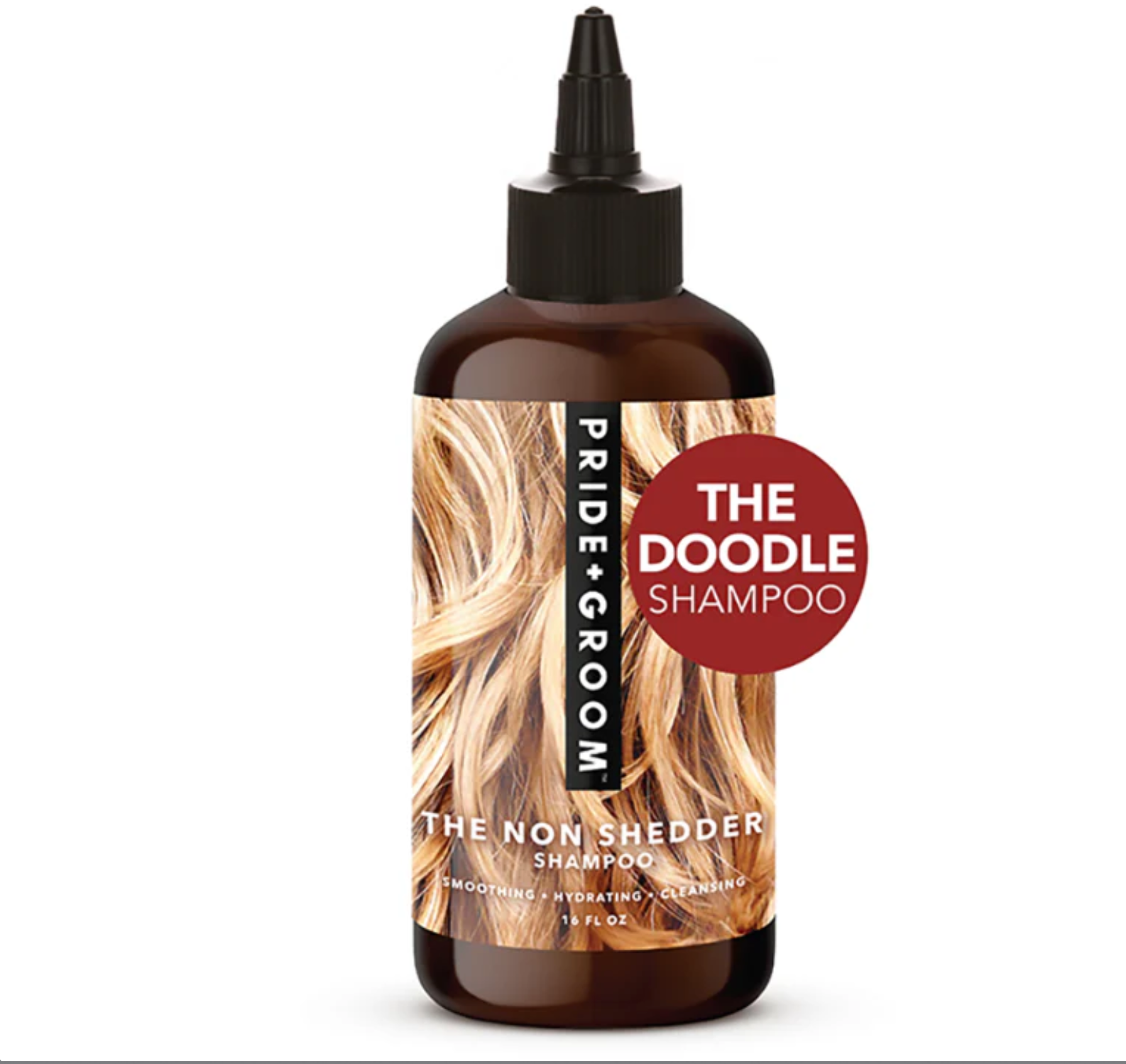 Pride + Groom The Non Shedder dog shampoo for Poodles, Doodles, and curly-coated dogs, showing bottle and label.