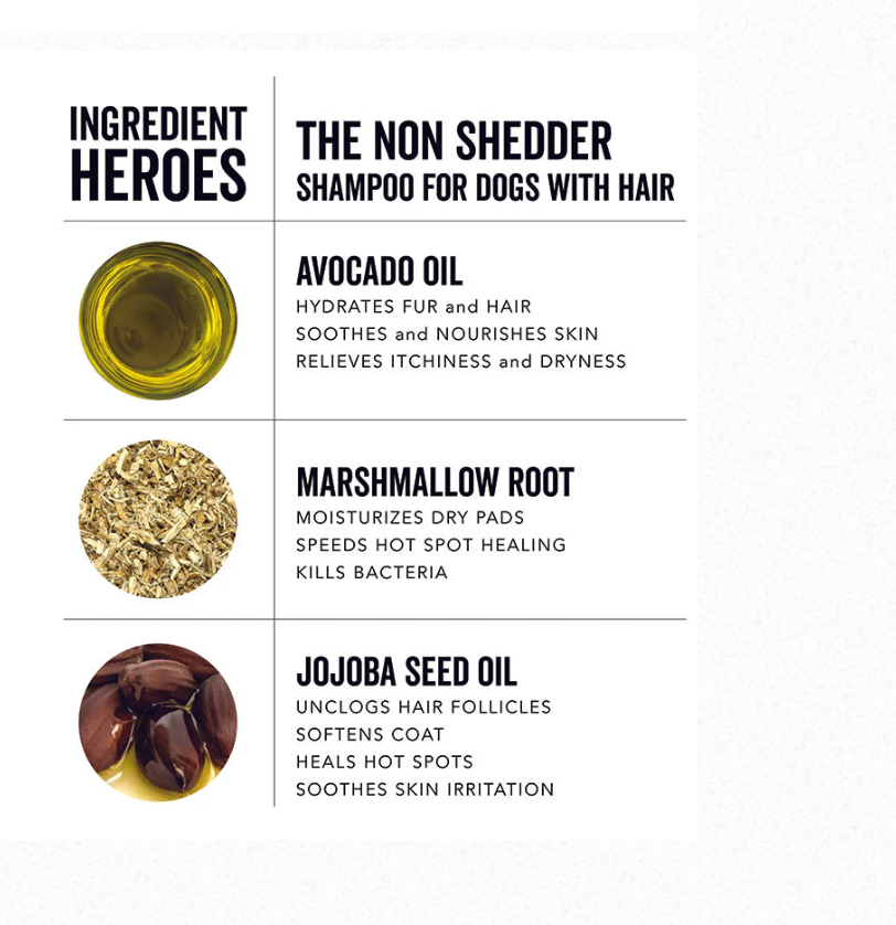 Pride + Groom The Non Shedder dog shampoo for poodles, doodles, and curly-coated dogs, showing a bottle with a white and blue label.