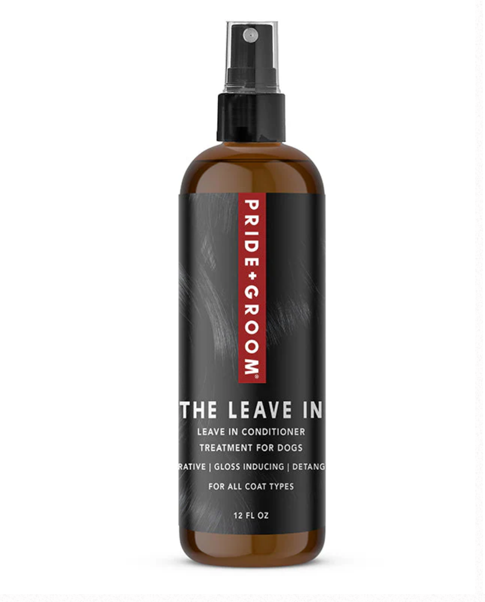 Pride + Groom The Leave In detangling spray for dogs and cats, showing a dog and cat with shiny, well-groomed fur.
