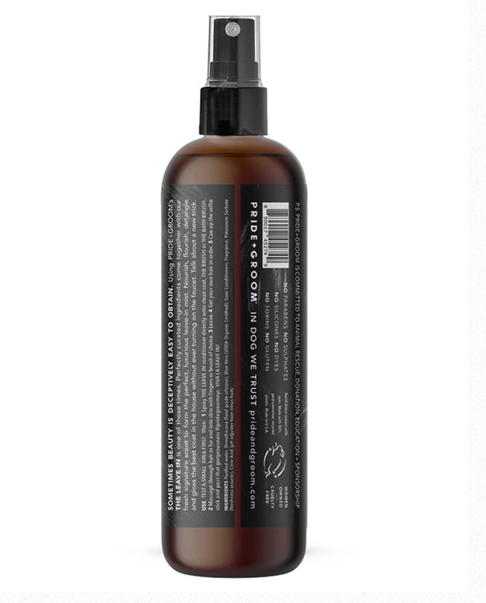 Pride + Groom THE LEAVE IN detangling spray for dogs and cats, featuring a spray bottle with a pet grooming product.