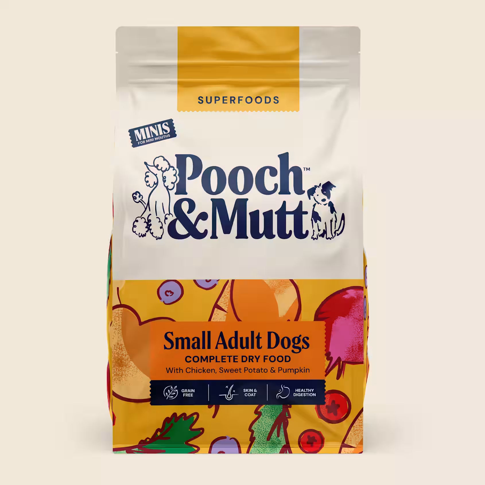 Small dog bowl of Pooch & Mutt Small Dog Complete Superfood dog food with colorful kibble and fresh ingredients.