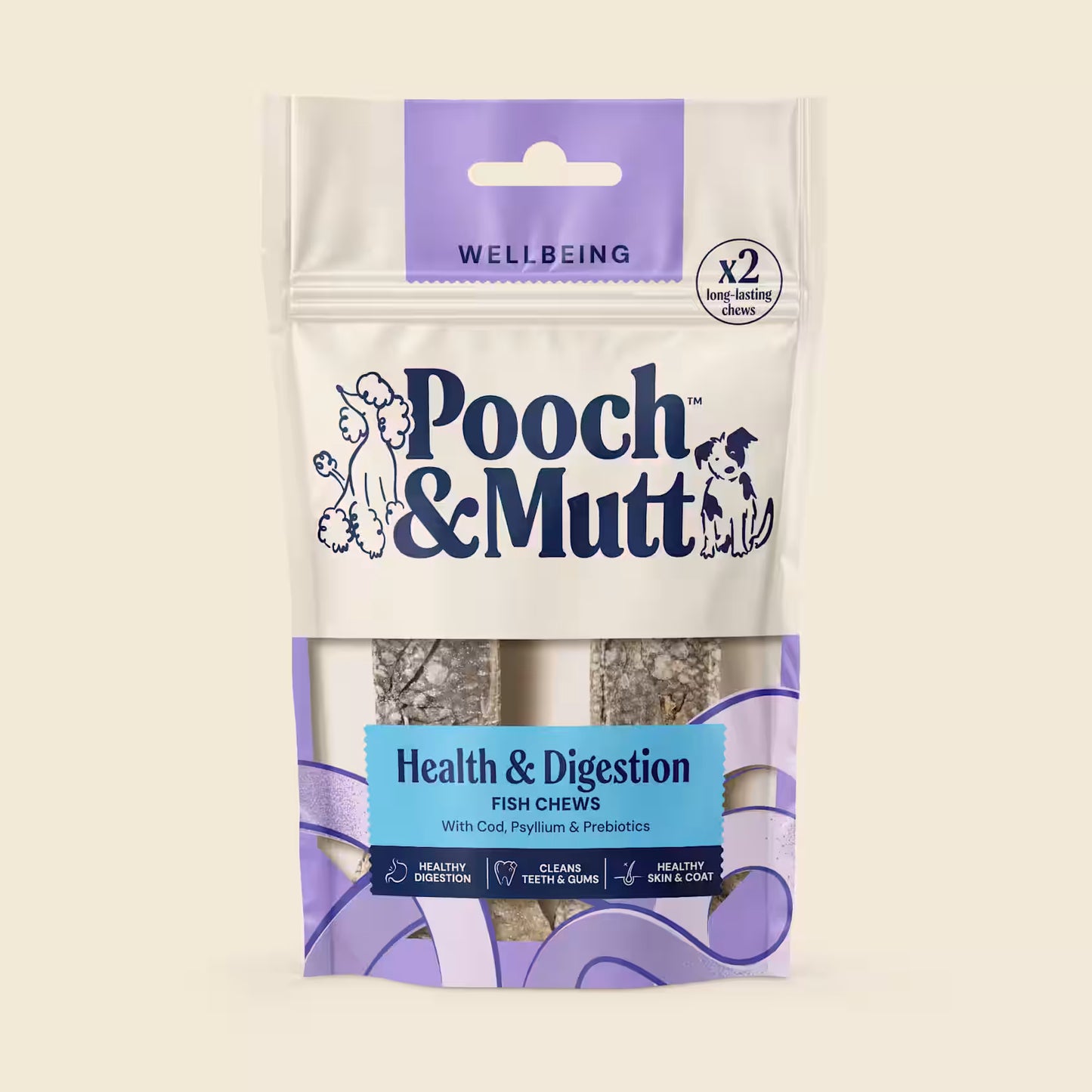 Pooch & Mutt Fish Hide Chews for dogs, 90g, natural dog treats promoting health and digestion, with cream-colored fish hide chews.