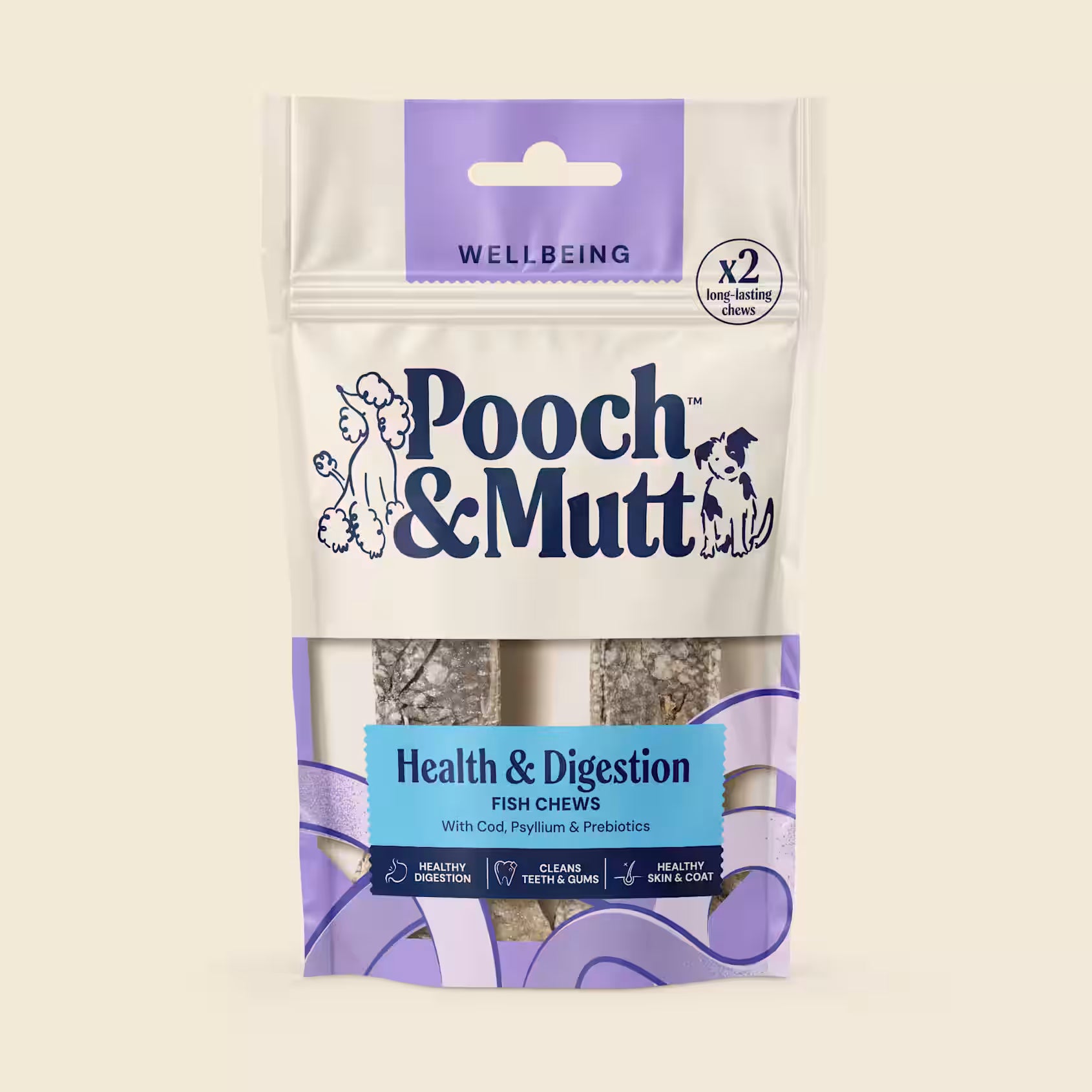 Pooch & Mutt Fish Hide Chews for dogs, 90g, natural dog treats promoting health and digestion, with cream-colored fish hide chews.