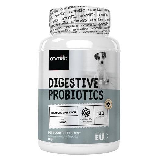 Animigo Digestive Probiotics for Dogs in 120 capsules, showing the bottle with label and capsules inside
