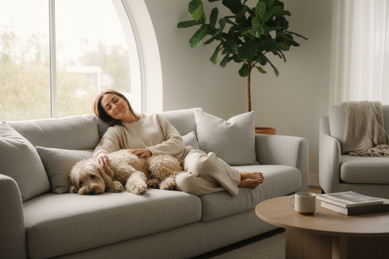 Dog and owner relaxing on sofa