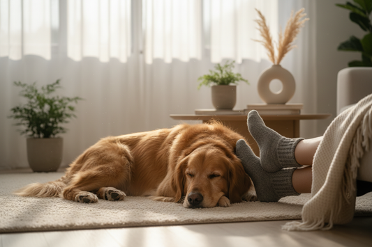 Dog by owner's feet in calm room
