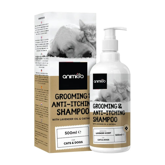 Animigo Grooming Shampoo for Dogs and Cats, 500ml bottle, anti-itching formula, front view showing label and product packaging.