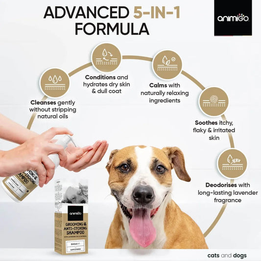 Animigo Grooming Shampoo for Dogs and Cats, 500ml, anti-itch formula, natural pet grooming product with soothing ingredients.