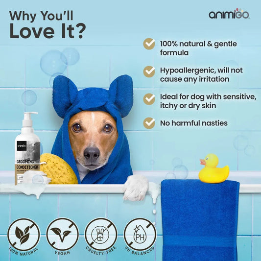 Animigo Grooming Conditioner for dogs and cats, 500ml bottle, smoothens fur and maintains coat health during grooming.