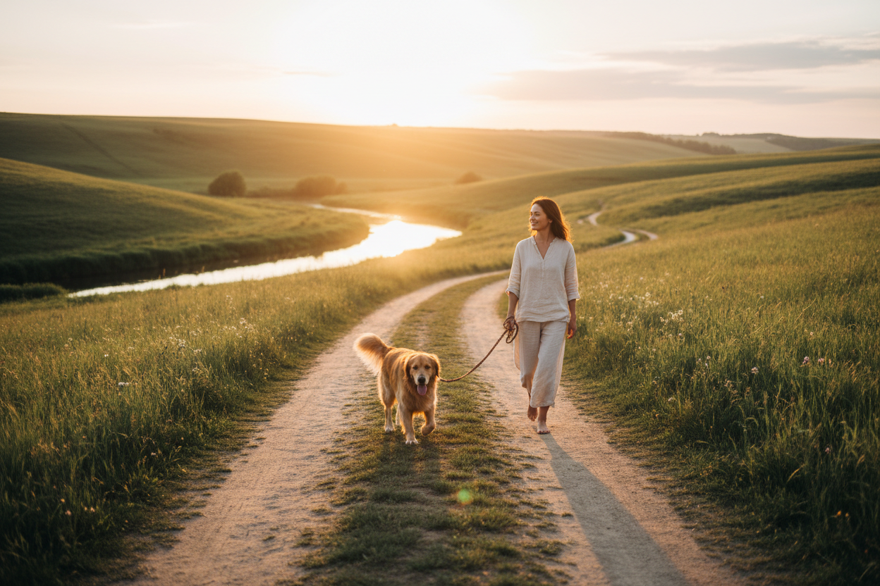 Owner and dog countryside walk