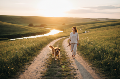 Owner and dog countryside walk