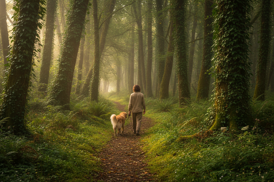 Owner and dog forest walk