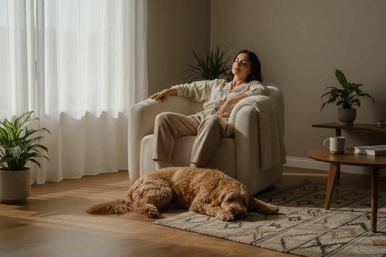 Owner meditating in armchair with dog at feet