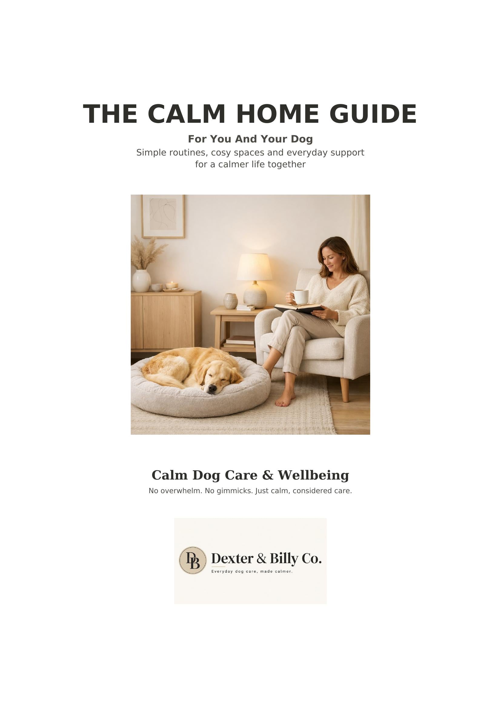A calm dog resting on a bed beside their owner in a soft neutral living room