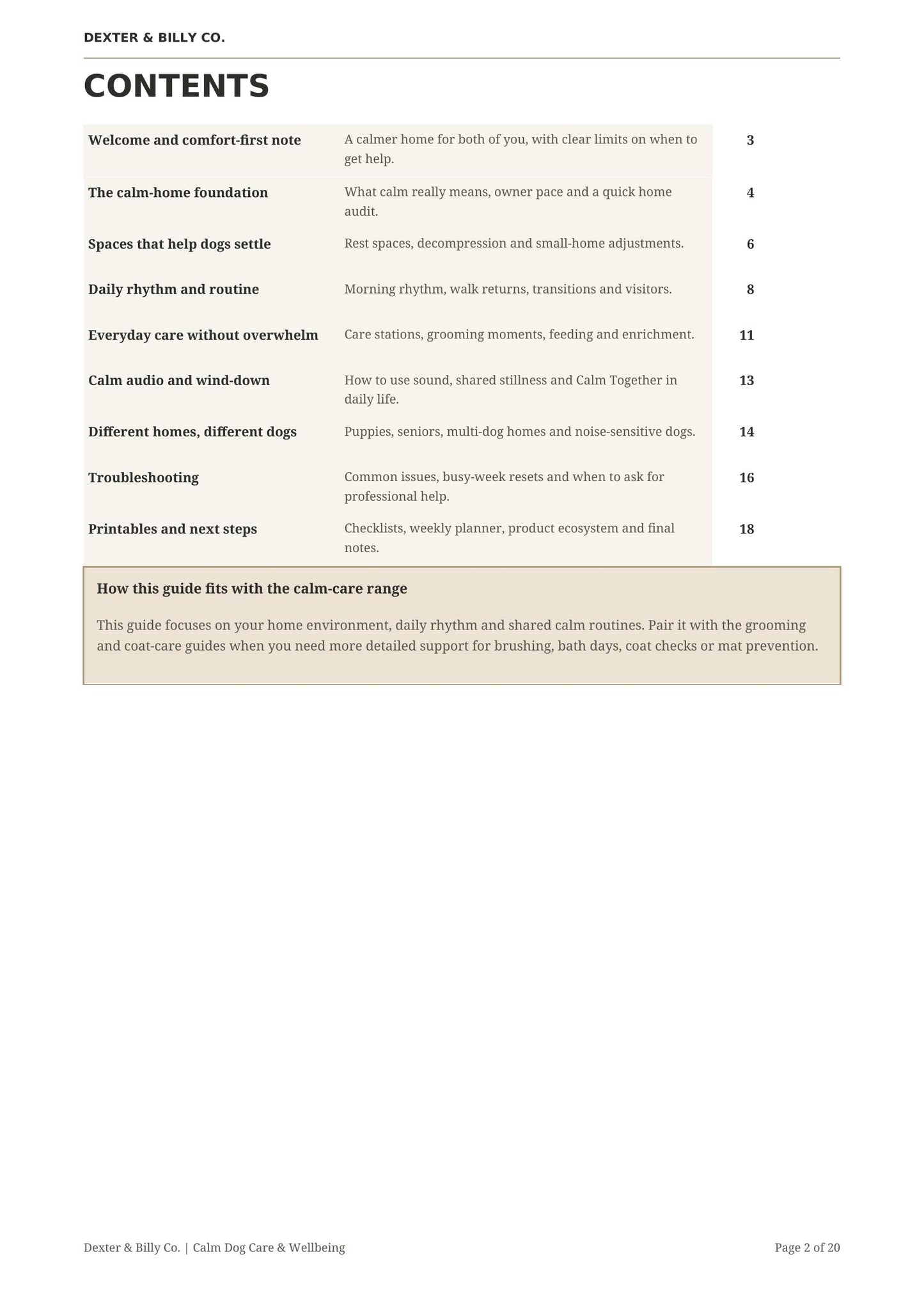 Digital download page from The Calm Home Guide by Dexter and Billy Co. featuring tips for you and your dog.