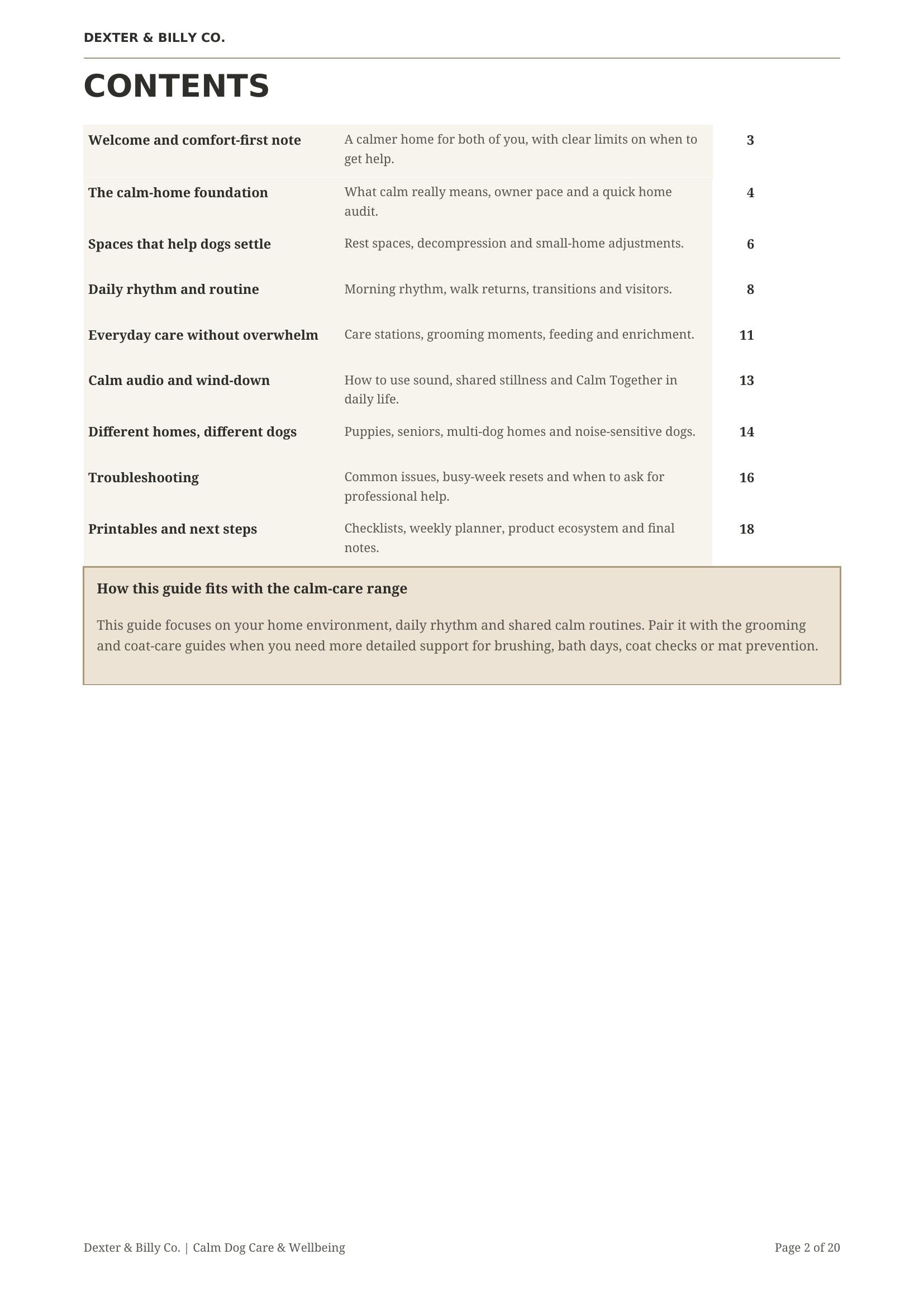 Digital download page from The Calm Home Guide by Dexter and Billy Co. featuring tips for you and your dog.
