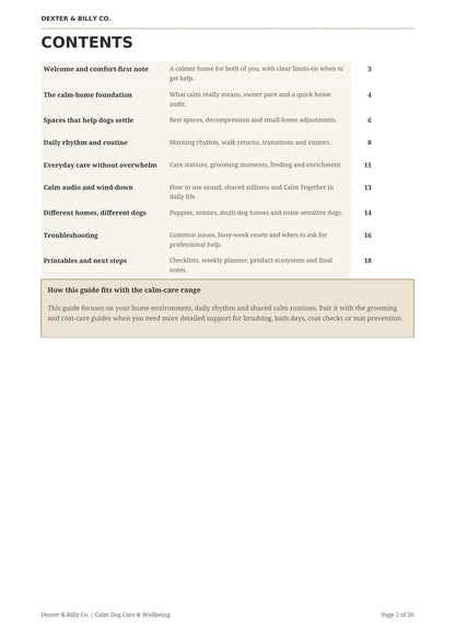 Digital download page from The Calm Home Guide by Dexter and Billy Co. featuring tips for you and your dog.