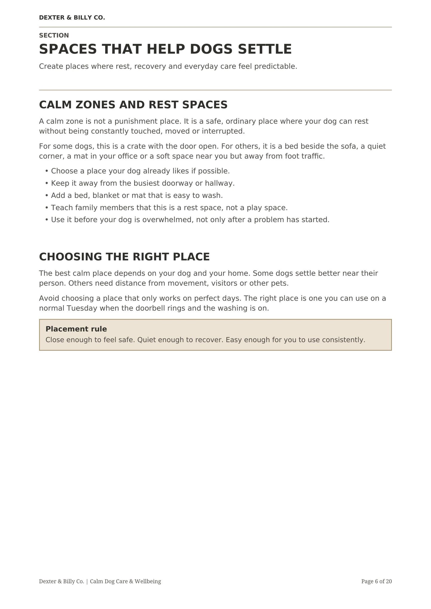 Digital download page from The Calm Home Guide by Dexter And Billy Co., featuring calming tips for you and your dog.