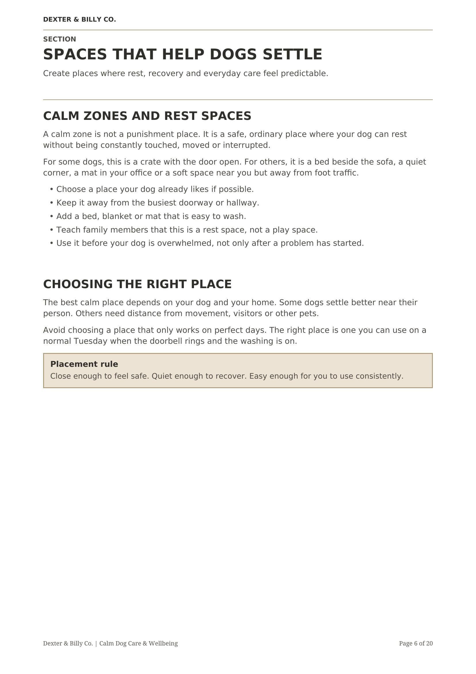 Digital download page from The Calm Home Guide by Dexter And Billy Co., featuring calming tips for you and your dog.