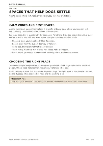 Digital download page from The Calm Home Guide by Dexter And Billy Co., featuring calming tips for you and your dog.