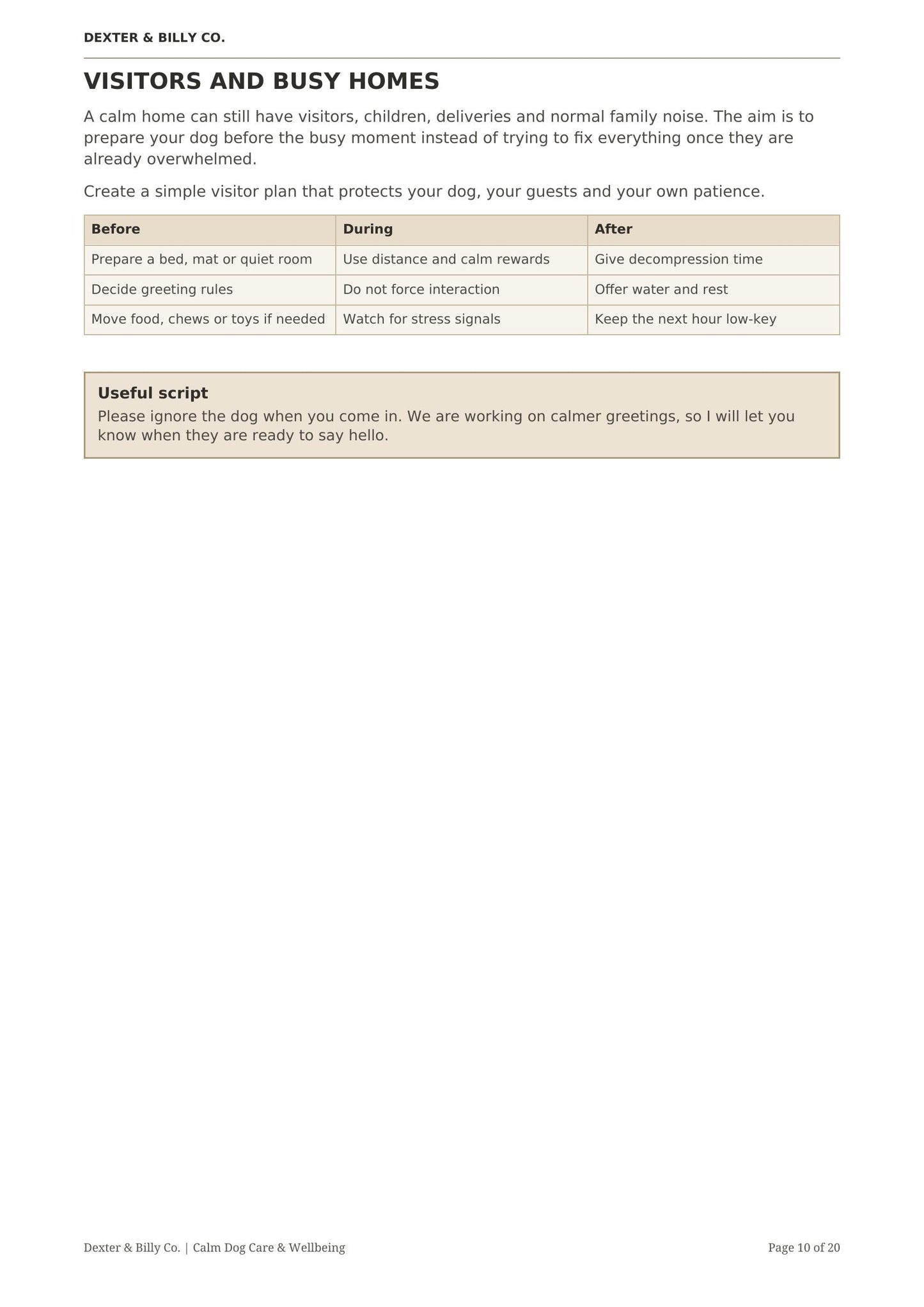 Page from The Calm Home Guide digital download by Dexter And Billy Co., showing tips for creating a peaceful space for you and your dog.