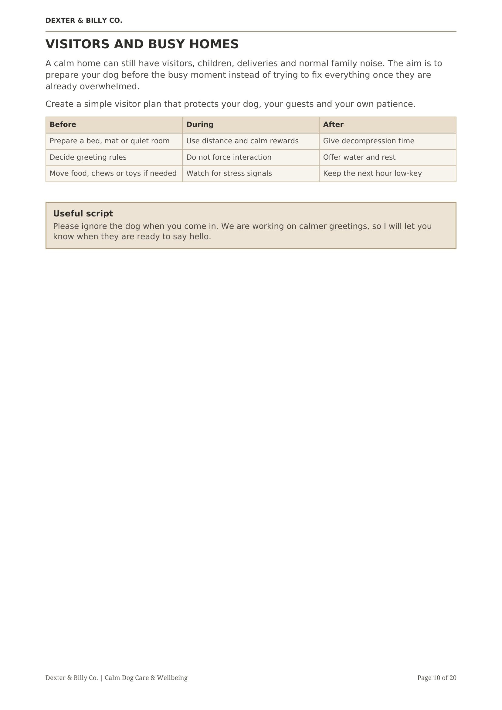 Page from The Calm Home Guide digital download by Dexter And Billy Co., showing tips for creating a peaceful space for you and your dog.