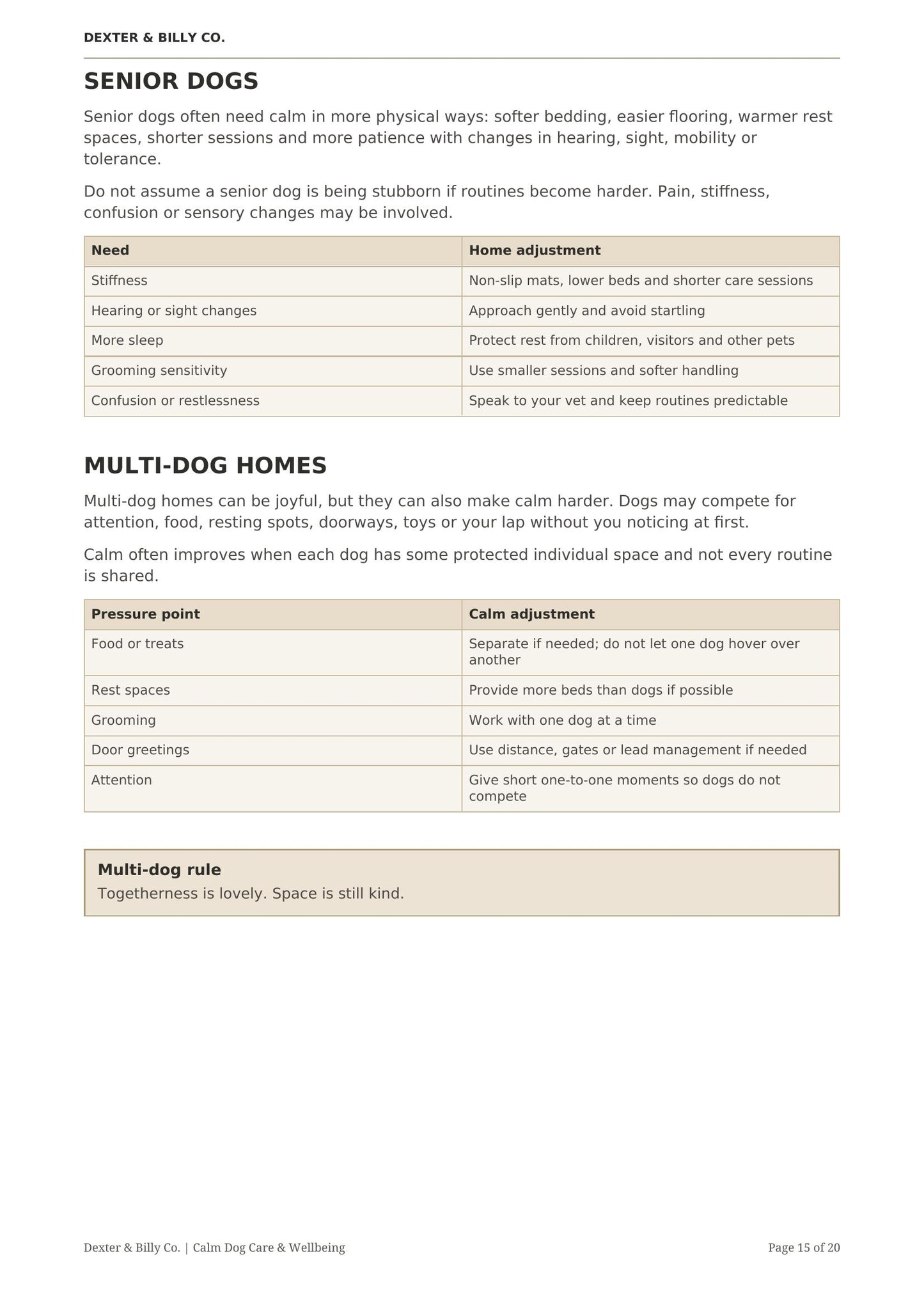 Page 15 of The Calm Home Guide digital download by Dexter And Billy Co., featuring calming tips for you and your dog.