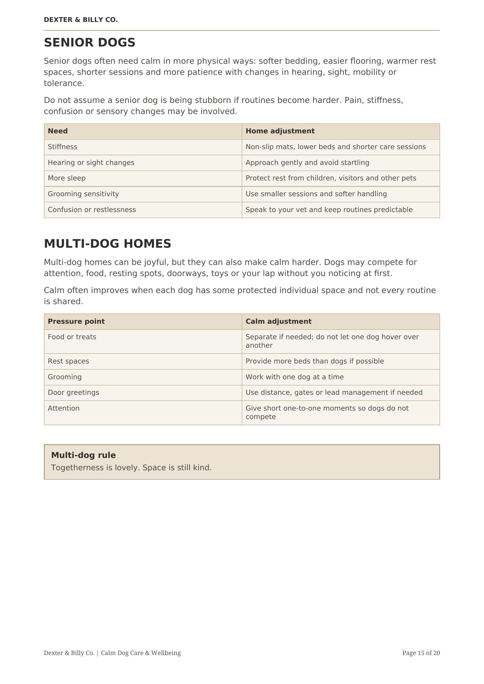 Page 15 of The Calm Home Guide digital download by Dexter And Billy Co., featuring calming tips for you and your dog.