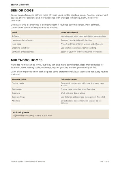 Page 15 of The Calm Home Guide digital download by Dexter And Billy Co., featuring calming tips for you and your dog.