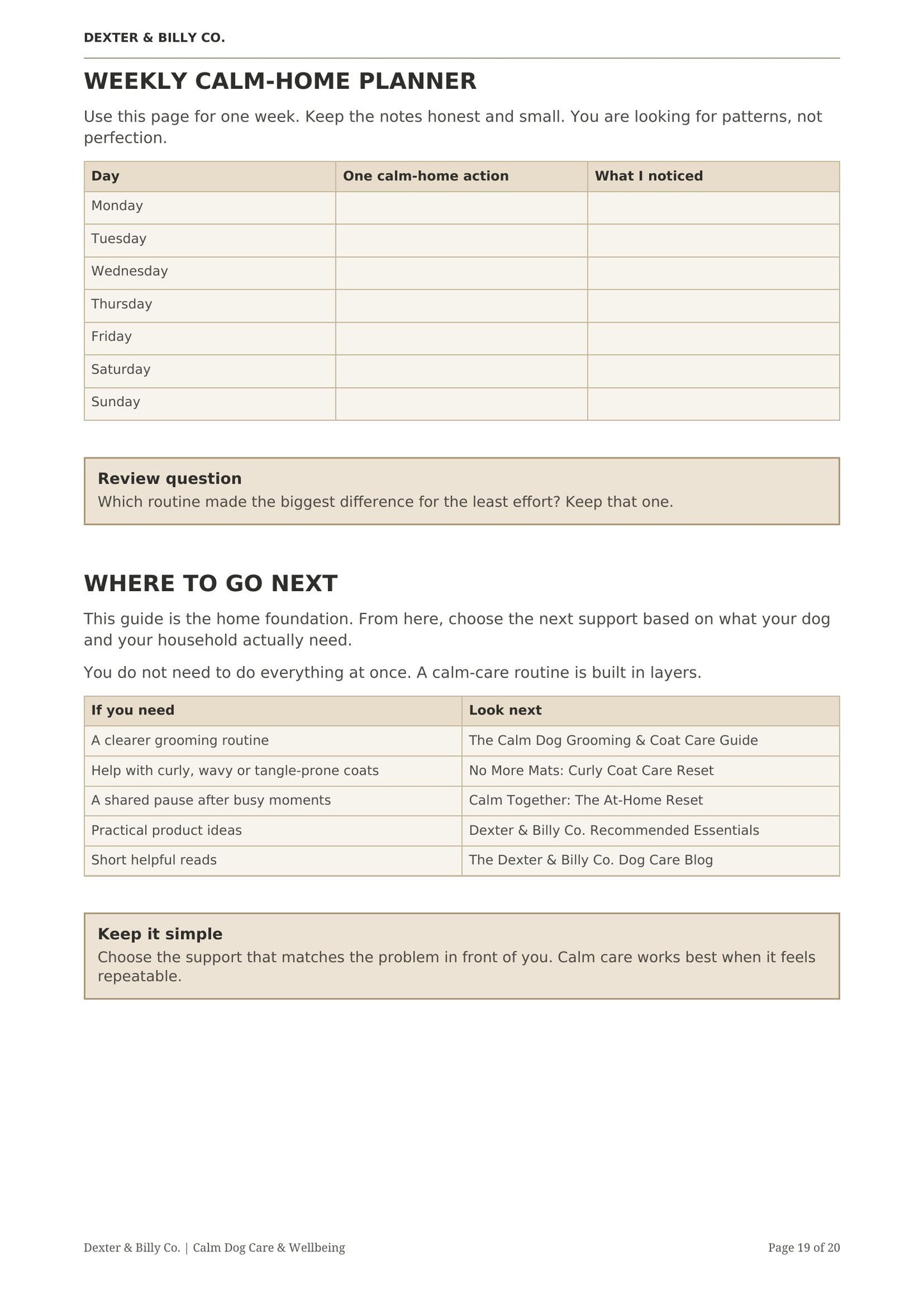 Page 19 from The Calm Home Guide digital download by Dexter And Billy Co., featuring tips for creating a calm environment for you and your dog.