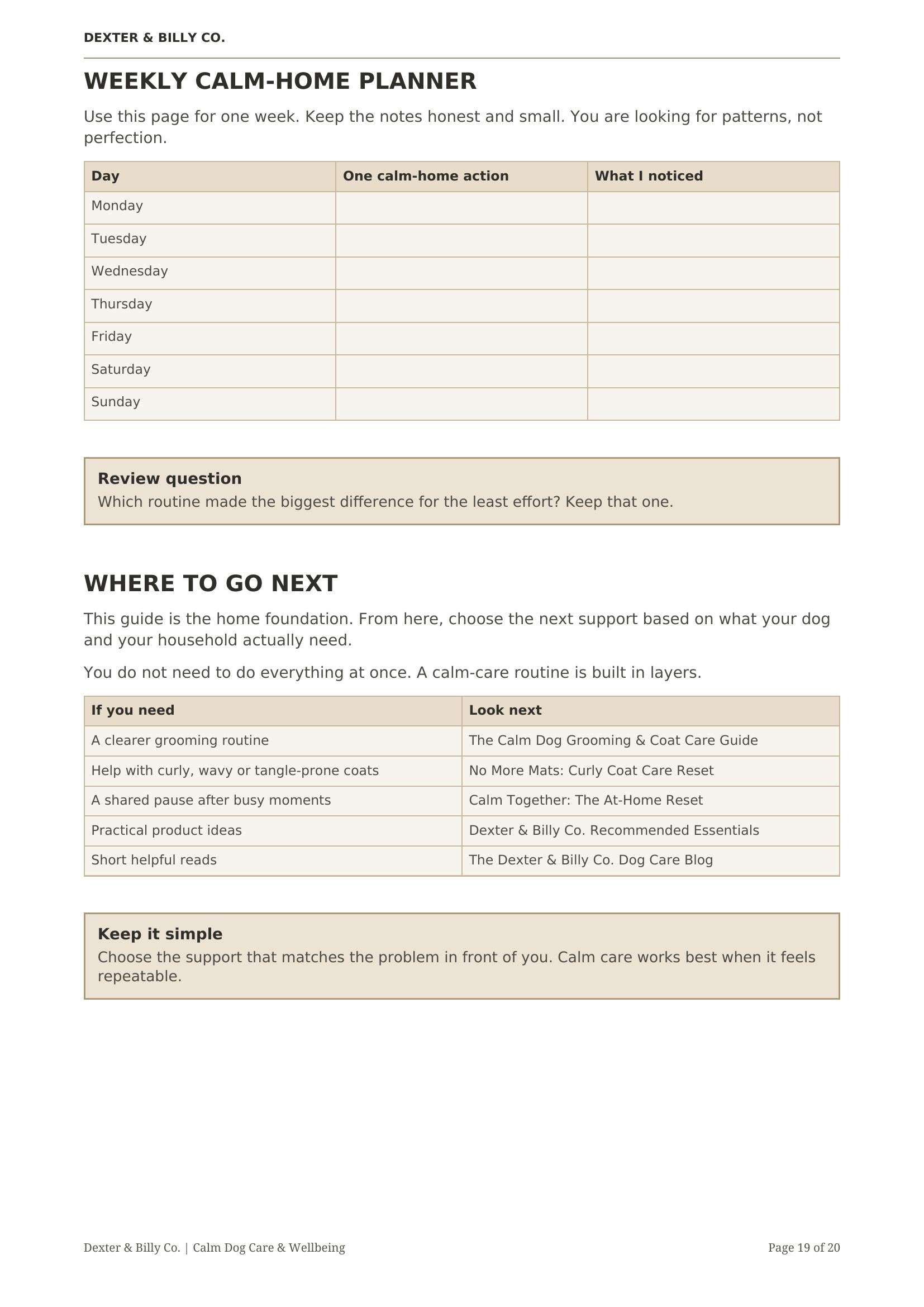 Page 19 from The Calm Home Guide digital download by Dexter And Billy Co., featuring tips for creating a calm environment for you and your dog.
