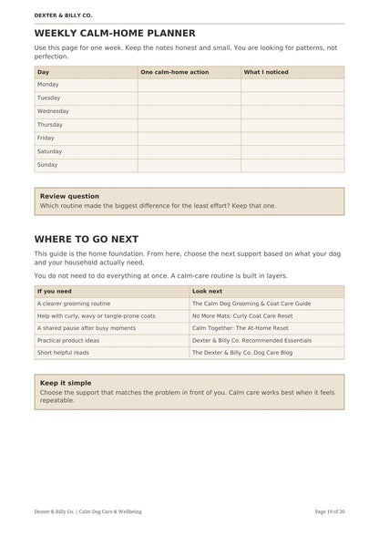Page 19 from The Calm Home Guide digital download by Dexter And Billy Co., featuring tips for creating a calm environment for you and your dog.