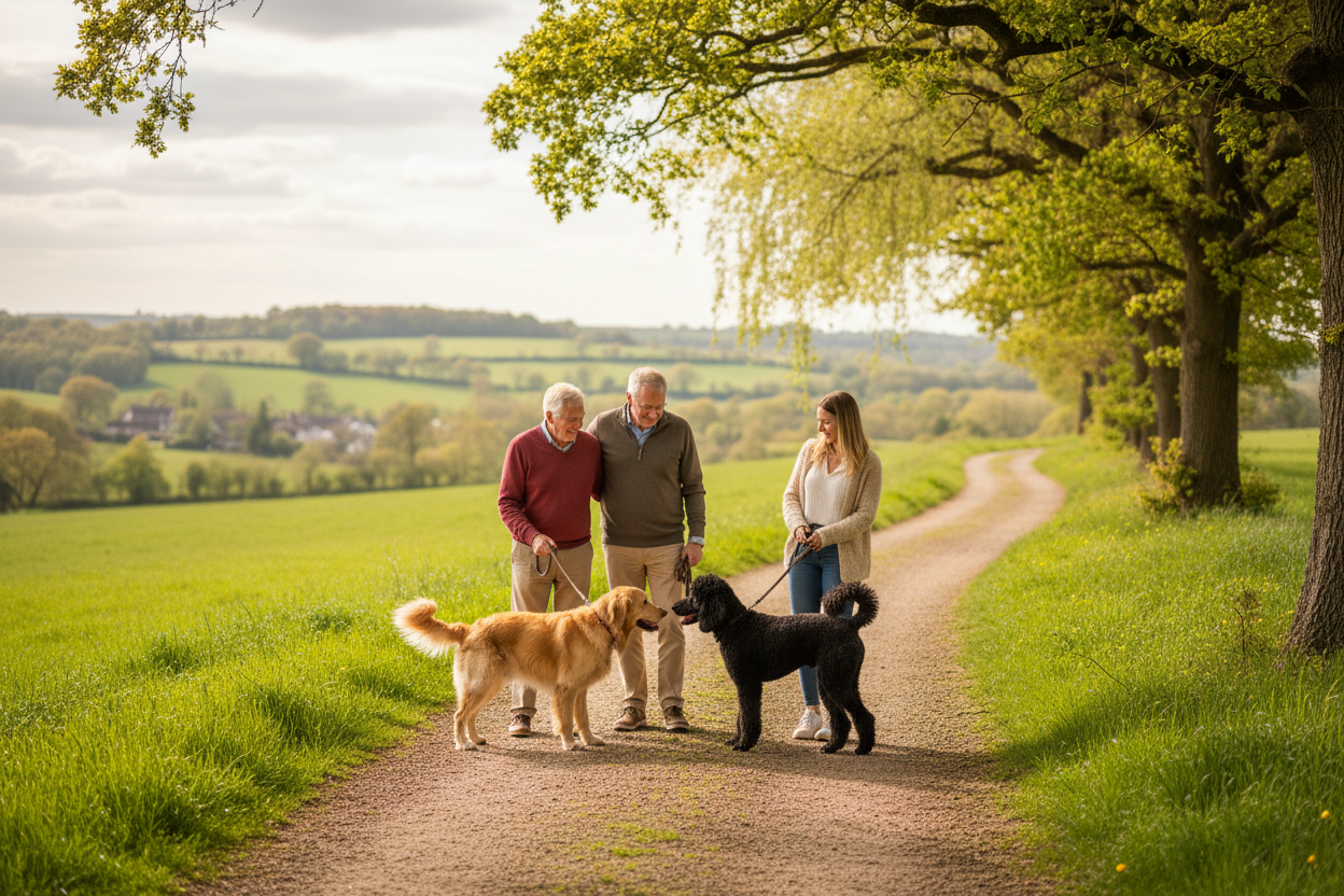 Two dogs passing with owners