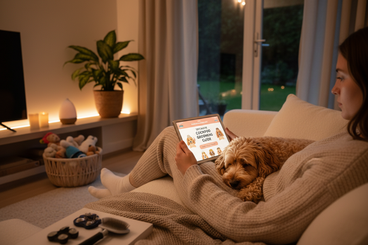 PErson reading a grooming guide on a tablet with a cockapoo dog  on their lap