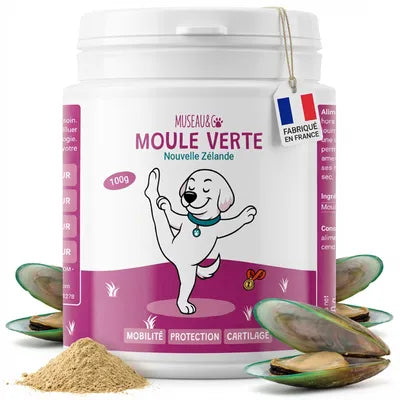 Muzzle & Co Green Mussel dog supplement container, 100g, for joints and mobility support in dogs and cats.