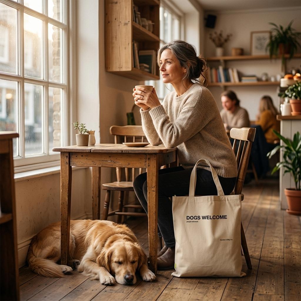 Natural tote bag with "Dogs Welcome, People Tolerated" print, held by woman outdoors, showcasing durable natural material.